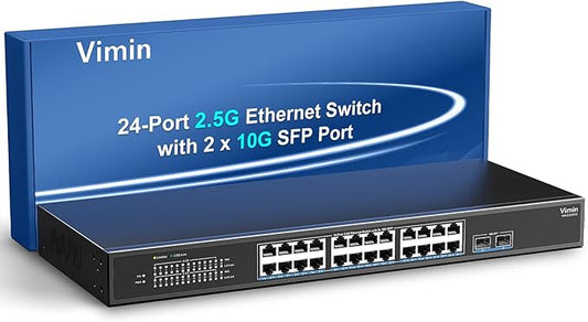24 Port 2.5G Network Switch with 2x10G SFP, 24x 2.5G Base-T Ethernet Ports, Unmanaged Switch Compatible with 10/100/1000Mbps, 160Gbps Switching Capacity, Metal Housing, Fanless, 19-inch Rack Mount