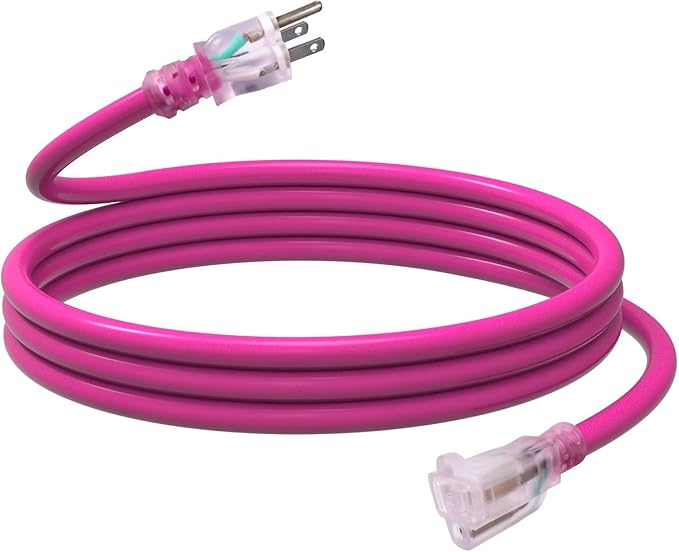 EP 10 Ft Outdoor Extension Cord, 12/3 SJTW Heavy Duty Waterproof Power Cable, 3 Prong Grounded Plug, Lighted End, for Lawn, Garden, Appliances, Pink