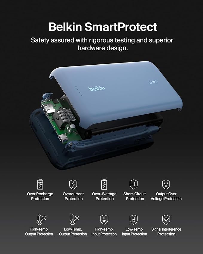 Belkin Portable Charger, Power Bank with Integrated Cable 20000 mAh 30W - Fast Charging USB C Power Delivery, iPhone Charger - iPhone 17, Air, Pro, Pro Max, iPad, Galaxy S25, & More - Blue