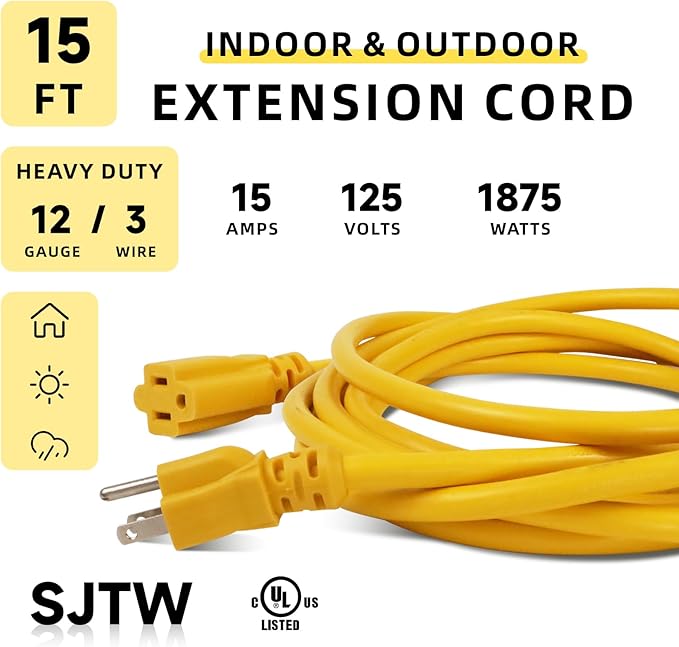 EP 15 Ft Outdoor Extension Cord, 12/3 SJTW Heavy Duty Extension Cable with 3 Prong Grounded Plug, 15 AMP Power Cord for Lawn, Garden, Appliances, Yellow