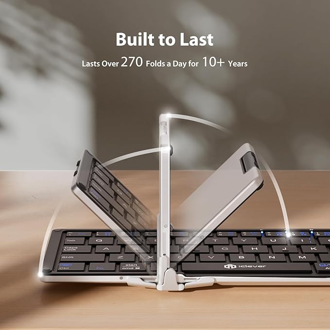 iClever Foldable Keyboard, BK08 Foldable Bluetooth Keyboard with Touchpad, Aluminum Build, USB-C Charge, Equipped with Stand Holder and Carrying Bag, Portable for Laptop, iPad, iPhone, Silver