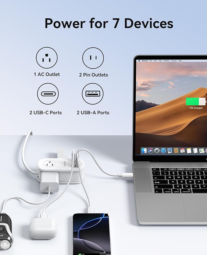 ORICO 65W GaN Travel Power Strip with 7-in-1 Charging Ports (3 AC Outlets/2 USB-A/2 USB-C), Flat Plug and 4FT Extension Cord, Fast Charger for MacBook Pro/Air, iPad Pro, iPhone 15/14/13- AP3