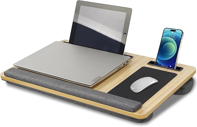 Natural Wood Laptop Tray for Lap - Portable Laps Desk for Lap Top with Cushion, Lightweight Laptop Stand with Mouse Pad, Fits Laptops Up to 17 Inches, Built-in Mouse Pad, Tablet Phone Holder, Beige