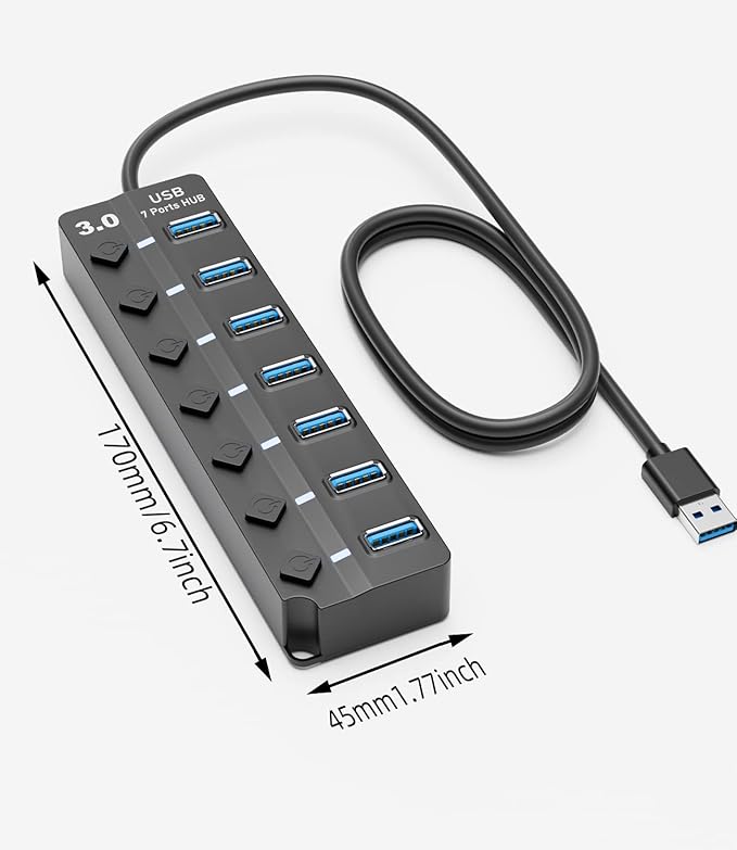 USB 3.0 Hub, PANPEO 7-Port USB Data Hub Splitter with 3ft Long Cable USB Extension for Laptop,PC Computer,Surface Pro, PS4/5, Flash Drive, Mobile HDD - with LED Individual On/Off