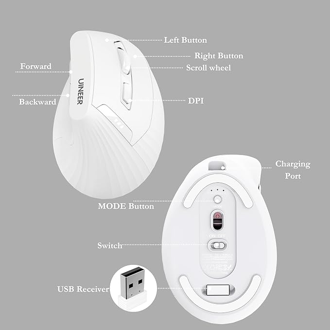 Ergonomic Mouse,Wireless Mouse,Bluetooth Vertical Mouse with BT5.0/4.0/2.4G, Rechargeable with Battery Indicator,Ergonomic Design for Comfort and Reduced Wrist Strain for Home,Office Use(White)