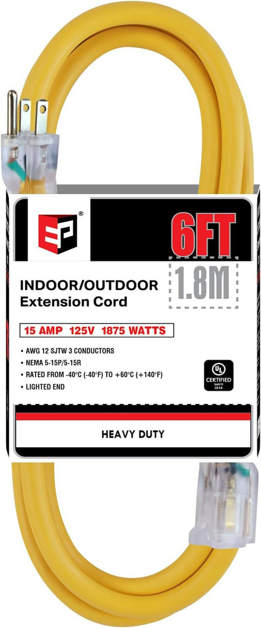 EP 6 ft Lighted Outdoor Extension Cord - 12/3 SJTW Heavy Duty Yellow Extension Cable with 3 Prong Grounded Plug - 15AMP Power Cord for Lawn, Garden, Appliances