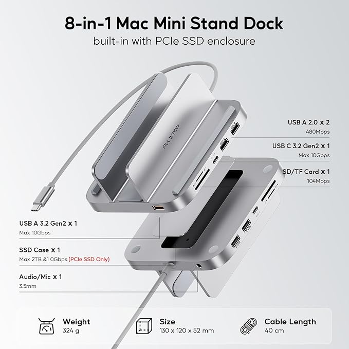 Mac mini Hub M1 M2 with M.2 SSD Enclosure (NOT for M4 2024), 8-in-1 Vertical Mac mini Dock Stand with USB A/C 3.2 10Gbps, 2 x USB A 2.0, SD/TF Slots, 3.5mm Audio Mic Jack