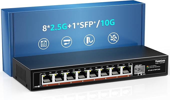 8 Port 2.5G Unmanaged Desktop Ethernet Switch with 10G SFP, 8 x 2.5G Base-T Ports, 60Gbps Switching Capacity, Compatible with 100/1000/2500Mbps, Metal Fanless, YuanLey 2.5Gbe Network Switch Wall Mount