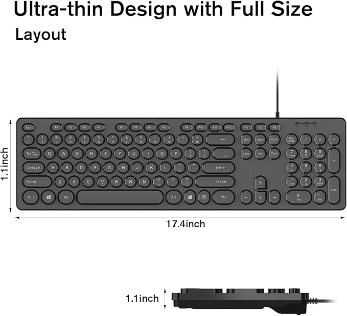 cimetech Wired USB Keyboard, Full Size Computer Keyboard Low-Profile Basic Matte Black with Foldable Stands, Plug-and-Play Compatible with Windows, PC, Laptop