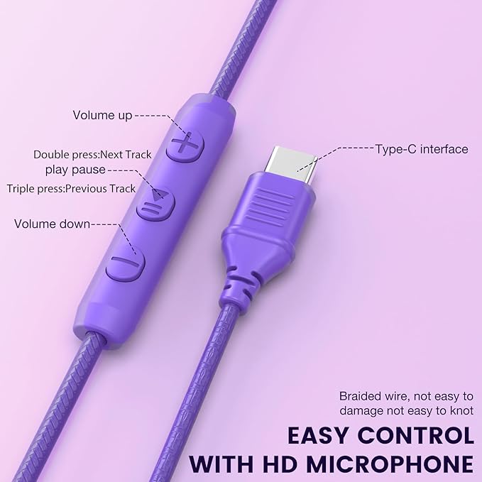 INFURTURE USB C Headphones with Mic,Volume Control,Tangle-Free Plaiting Line,Wired Headphones Type c,Lightweight Foldable for iPhone 16/15 Headphone Series/Tablet/School/Travel/Sports/Audiobooks