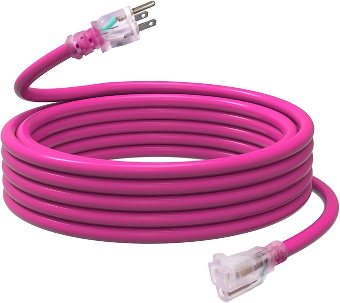 EP 25 Ft Outdoor Extension Cord, 12/3 SJTW Heavy Duty Waterproof Power Cable, 3 Prong Grounded Plug, Lighted End, for Lawn, Garden, Appliances, Pink