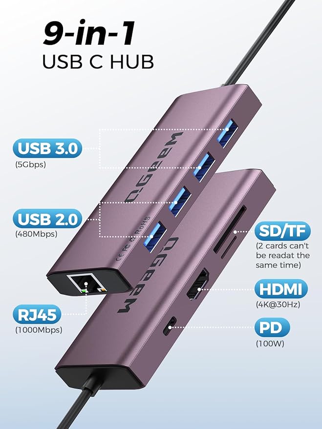 QGeeM USB C Hub Ethernet,9 in 1 USB Type C Hub HDMI Multi-Port Converter Adapter,100W Pd, USB 3.0,SD/TF Card Reader,Compatible for MacBook Pro Air Ipad HP Dell Lenovo Chromebook etc.-Violet
