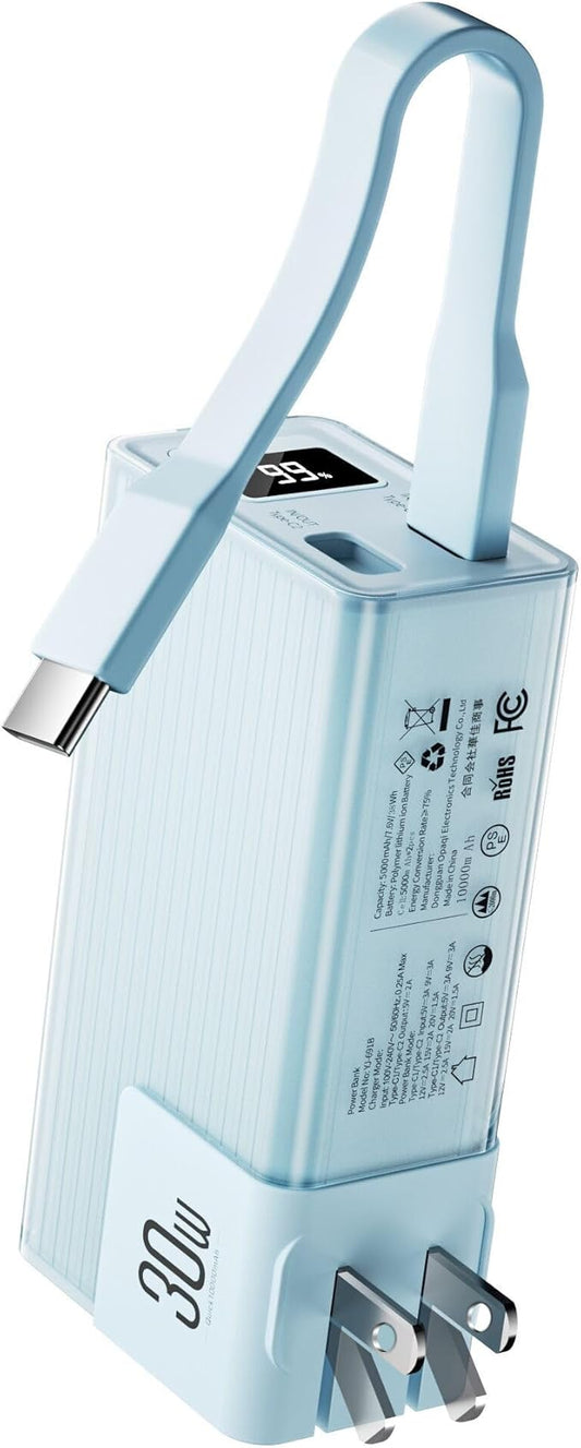 Miady Portable Charger Built-in Foldable Wall Plug, PD 30W 10000mAh Compact Power Bank has USB-C Cable&LED Display, Travel Essential Battery Pack Compatible with iPhone Galaxy SmartPhones (Cream Blue)