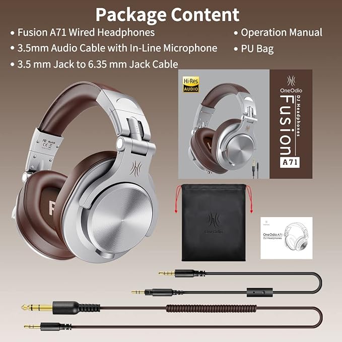 OneOdio A71 Hi-Res Studio Recording Headphones - Wired Over Ear Headphones with SharePort, Monitoring Mixing Foldable Headset with Stereo Sound, 3.5/6.35MM Jack for PC Computer DJ Guitar-Silver