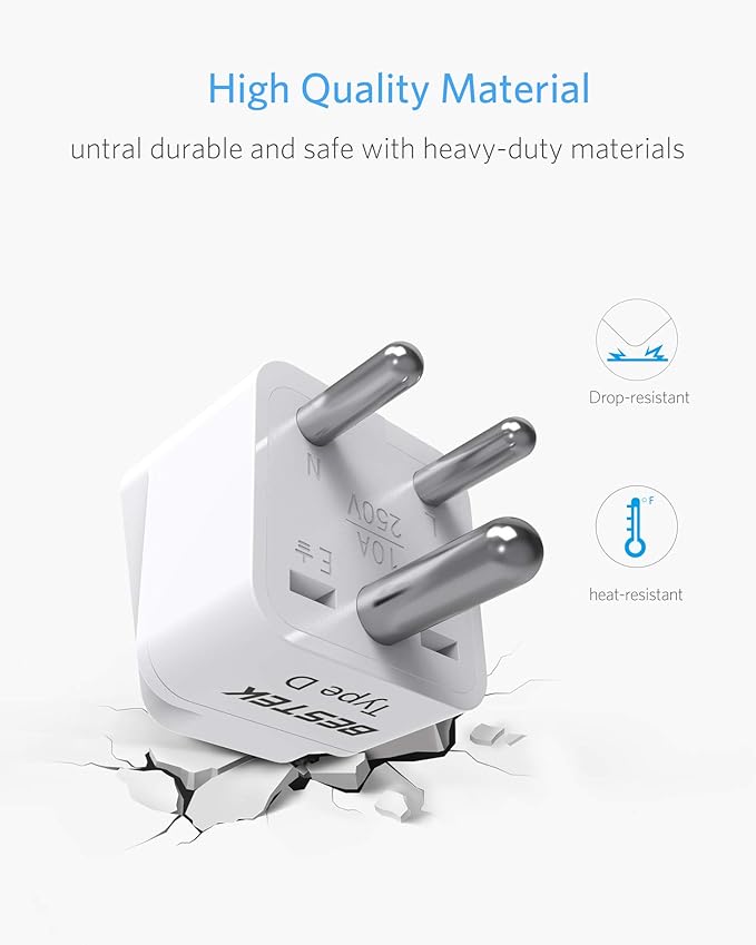 BESTEK India, South Africa Travel Plug Adapter, Grounded Universal Type D Plug Adapter India to US Adapter - Ultra Compact for India, Sudan, Pakistan and More, 3 Pack