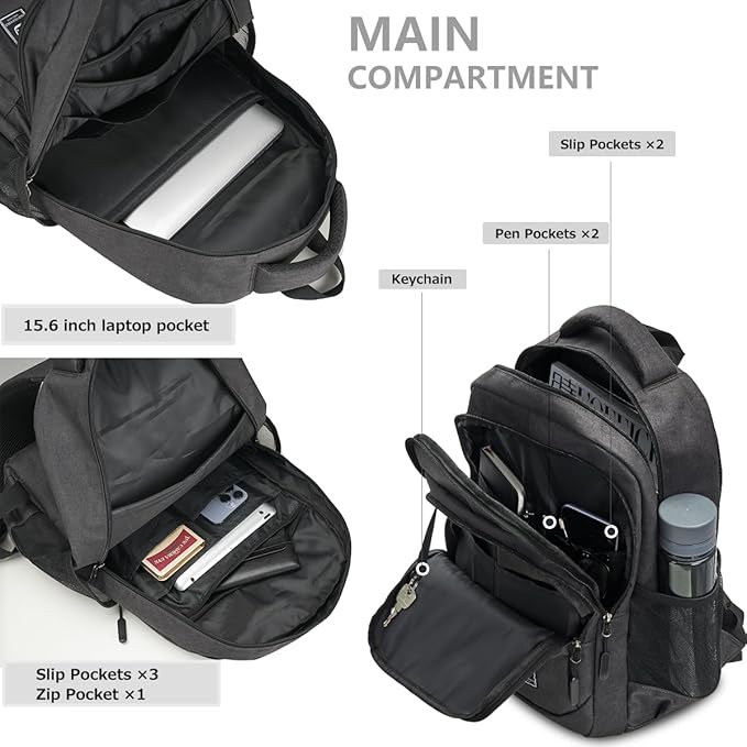 Work Backpack for Men Travel Laptop Backpack Water-Resistant 15.6 Inch Computer Backpack Business All Black