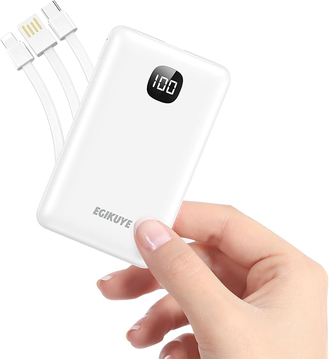 Portable Charger 10000mAh Power Bank with Digital Display, External Battery Pack with Built-in Cables, Ultra-Compact USB-C in&Out Travel Essential for iPhone, Android, Samsung etc