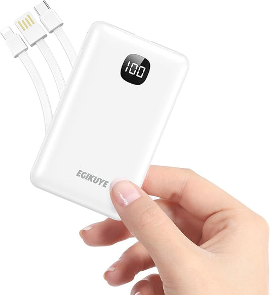 Portable Charger 10000mAh Power Bank with Digital Display, External Battery Pack with Built-in Cables, Ultra-Compact USB-C in&Out Travel Essential for iPhone, Android, Samsung etc