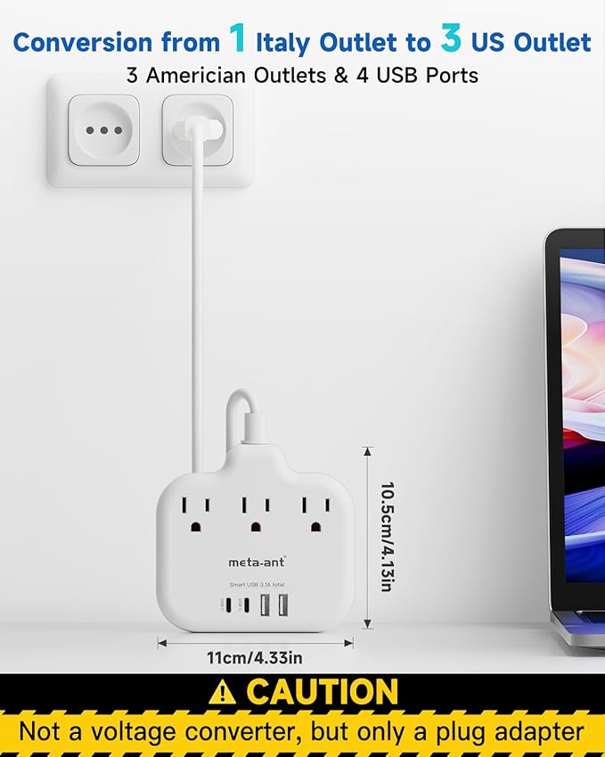 Italy Travel Plug Adapter with 5FT Extension Cord, meta-ant Italy Power Adapter with 3 American Outlets 4 USB Ports(2 USB-C), Type L Adapter for US to Italy Chile Ethiopia Libya Syria Tunisia Uruguay