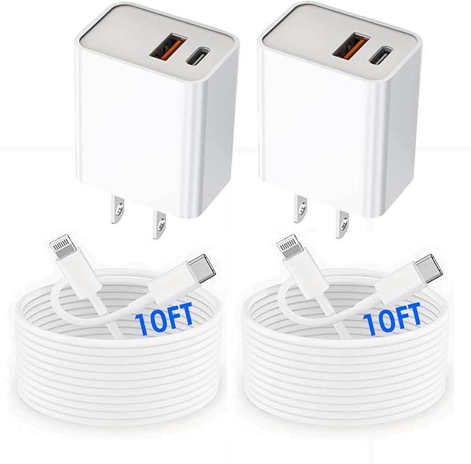 USB C Wall Charger,Dual Port 10FT iPhone Charger 20W PD+QC3.0 Power Adapter Fast Charging Block Plug with 10ft USB C to Lightning Cable for iPhone 14/14 Pro/14 Pro Max/13/12/11/Pro Max/XS/XR/X/AirPods