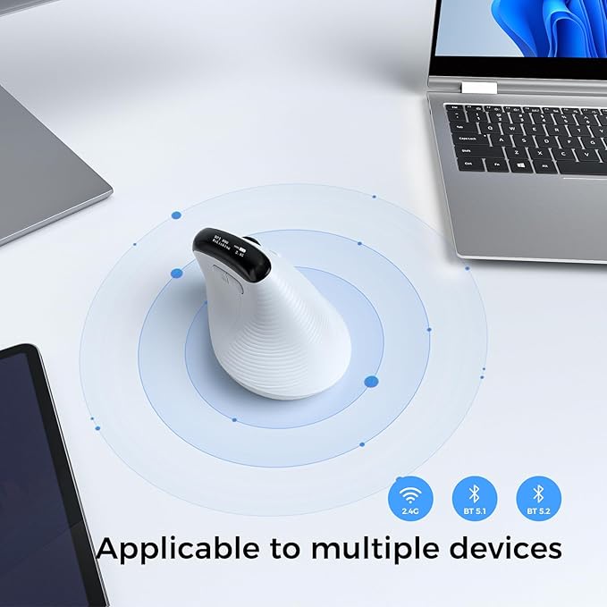 Wireless Ergonomic Mouse, Vertical Ergo Mouse with OLED Screen, Quiet Click, Rechargeable, Wired/Bluetooth/2.4GHz, 5 Adijustable DPI 800-6400 for Laptop, PC, Desktop, Computer, White