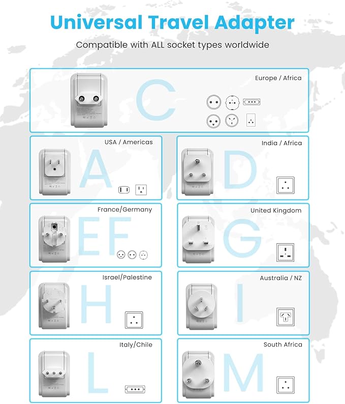 VINTAR Universal Travel Adapter Kit, International Power Adapter with 3 USB Ports (2 USB C, 3.4A) and 2 AC, Type A,C,D,E/F,G,H,I,L,M Detachable Attachments, Adapter for India/Africa/EU/UK//AU/JP/US