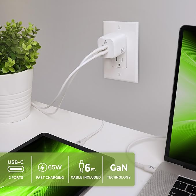 IOGEAR GearPower Dual USB-C 65W GaN Charger, PPS, 2 Port Fast Charger, Compact, Compatible with MacBook Pro/Air, Galaxy S20 and Above, iPhone 8 and Above - GPAWC65W