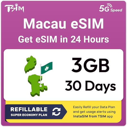 Macau eSIM | 3GB Super Saver Refillable Plan! QR Code Sent via Email in 24Hrs - Scan & Use Immediately | Auto Activating 10 Day Validity | 5G Speed + Hotspot | Data-Only No Phone Number