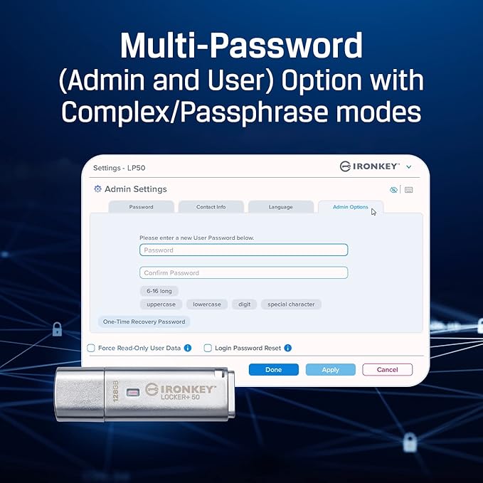 Kingston Ironkey Locker+ 50 128GB Encrypted USB Flash Drive | USB 3.2 Gen 1 | XTS-AES Protection | Multi-Password Security Options | Automatic Cloud Backup | Metal Casing | IKLP50/128GB