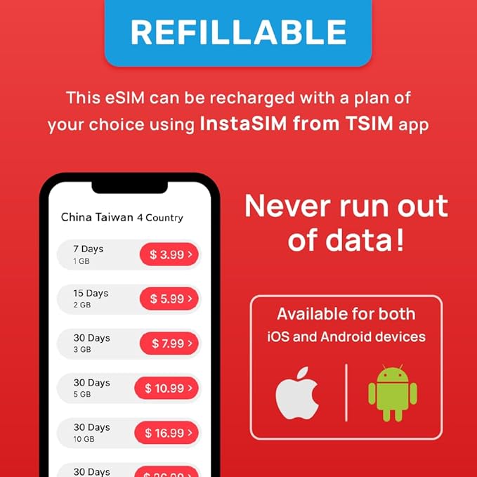 China Hong Kong Macau Taiwan eSIM | 3GB Super Saver Refillable Plan! QR Code Sent via Email in 24Hrs - Scan & Use Immediately | Auto Activating 30 Day Validity | Hotspot | Data-Only No Phone Number