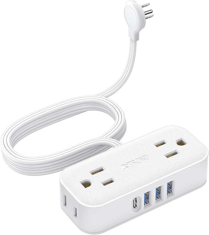 TROND Travel Power Strip with USB Ports, 10ft Flat Plug Extension Cord with Multiple Outlets, Small Wall Mount Extender Adapter for Office Dorm Room Essentials, White