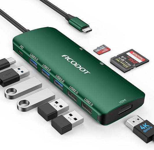 Acodot 9 in 1 USB C Hub - 4K@60Hz HDMI Adapter, 3 USB 3.0 Ports, SD/TF Card Reader, 100W PD, Multiport Adapter for MacBook Pro, Air, HP, XPS, Green