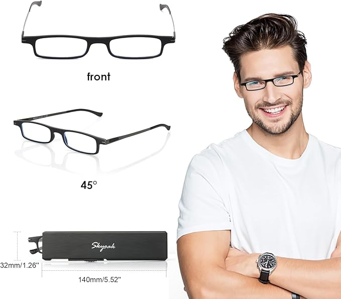 Ultra thin Lightweight Folding Reading Glasses Women Men TR90 Blue Light Blocking Anti UV/Eyestrain Foldable Compact Computer Readers Portable Unique Stretchable Slim Flat case Black +2.5