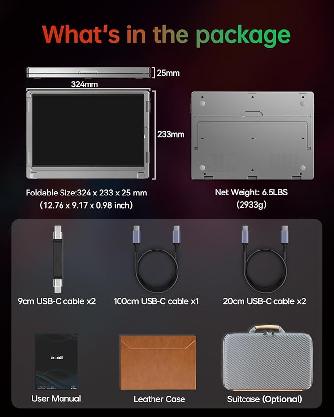 Intehill 4K Laptop Screen Extender, 13.4" Dual Screen Monitor for Laptop, 3840x2400 Anti-Glare Portable IGZO Display, 100% sRGB 500 Nits Brightness Foldable Plug-Play Portable Travel Monitor, LR13U