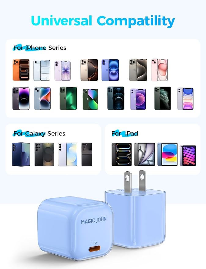 MAGIC JOHN 45W USB C Charger Block, Ultra-Fast Charging for iPhone 15/16/17 & More, Compatible with iPhone, iPad, Samsung, and Other USB C Devices Blue
