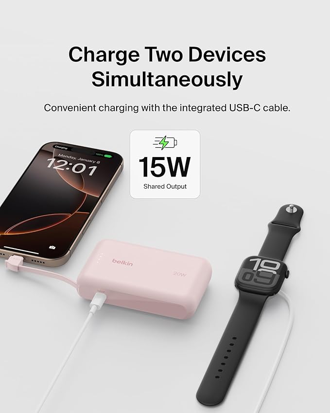 Belkin Portable Charger, Power Bank with Integrated Cable 10000 mAh 20W - Fast Charge USB C Power Delivery, iPhone Charger - iPhone 17, Air, Pro, Pro Max, iPad, Galaxy S25, & More - Pink