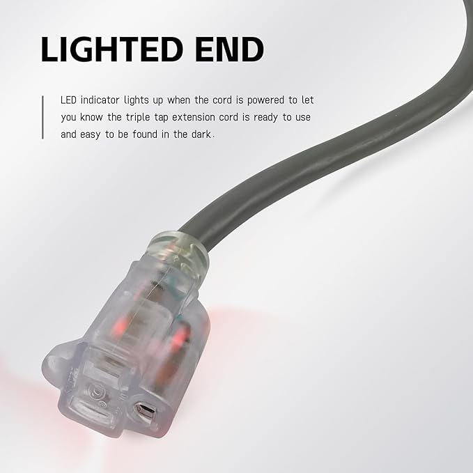 EP 1 Ft Lighted Extension Cord - 12/3 SJTW Heavy Duty Grey Extension Cable with 3 Prong Grounded Plug - Power Cord for Lawn, Garden, Appliances