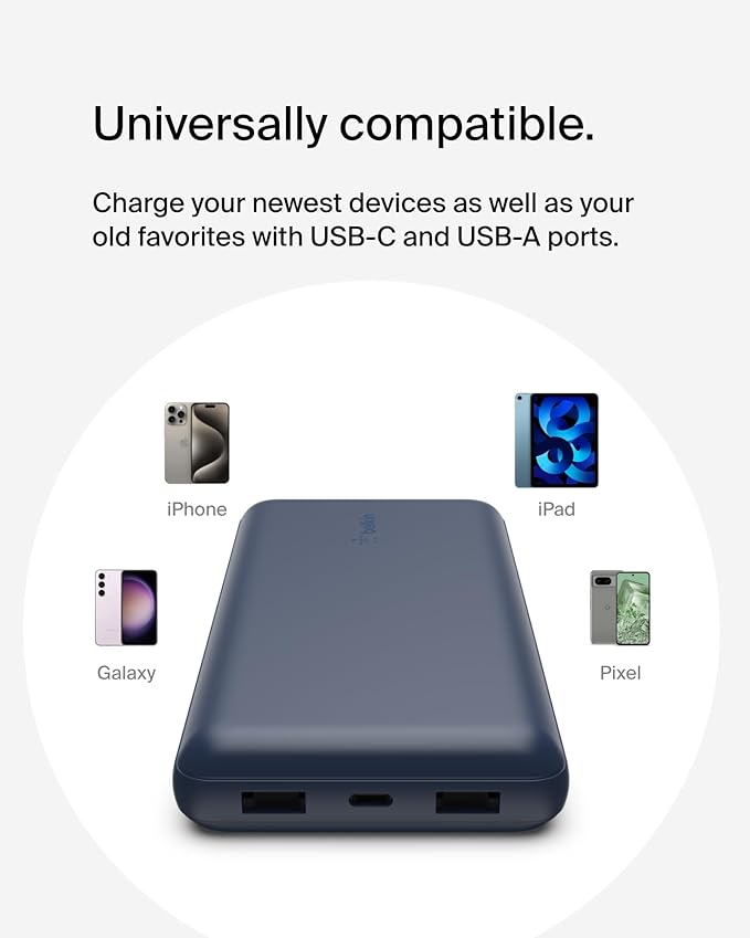Belkin Portable Charger, USB C Power Bank 20000 mAh w/ 2 USB-A Ports, 15W w/ Type-A to Type-C Cable for iPhone 17, Air, Pro, Pro Max, Samsung Galaxy S25, S24, Google Pixel 10, iPad, etc. - Blue