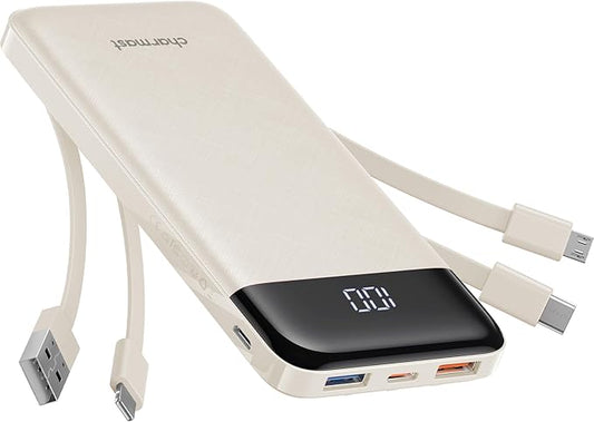 charmast Portable Charger with Built in Cables, Power Bank with Cords Wires, Slim 10000mAh Travel Battery Pack 6 Outputs 3 Inputs 3A Fast Charging for Samsung Google Pixel LG Moto iPhone iPad