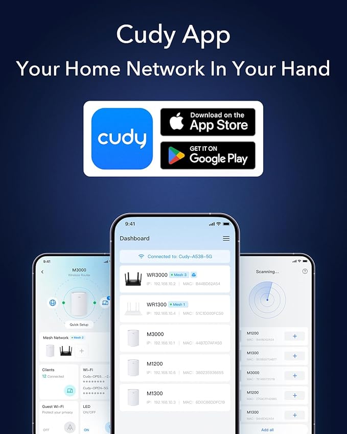Cudy WR3000E AX3000 Gigabit Dual Band Wi-Fi 6 Mesh Router, MU-MIMO, OFDMA, WireGuard, OpenVPN, WPA3, Cudy Mesh and APP Supported (Renewed)