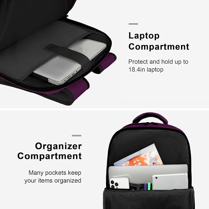 MATEIN Large 45L Travel Backpack for Women, Airline Approved Carry on Backpack with USB Port & Shoe Compartment, Water Resistant Luggage College Overnight Weekender Travel Bag Fit 18" Laptop, Purple