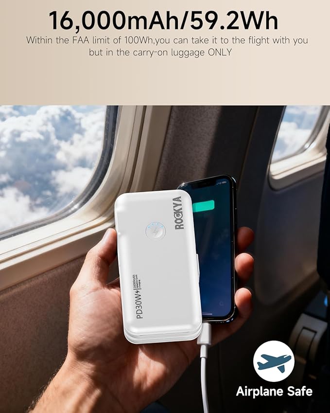 Portable Charger with AC Wall Plug and Built in Cables,PD 30W Fast Charging USB C Power Bank 16000mAh with 4 outputs,Travel Battery Pack Compatible with iPhone 16 15,MacBook,Pad,Samsung (White)