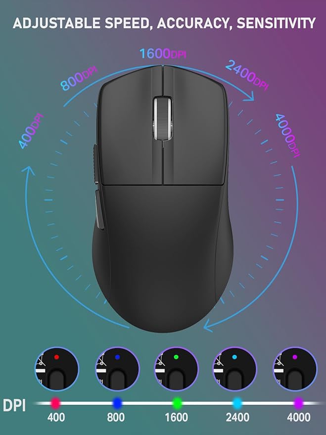 E-YOOSO Lightweight Wireless Gaming Mouse, Tri-Modes Wireless Esports Mouse with 5 Programmable Buttons, 4000 DPI, Long Battery Life, Ultra-Thin Ergonomic Design for PC & Mac Gamers (Black)