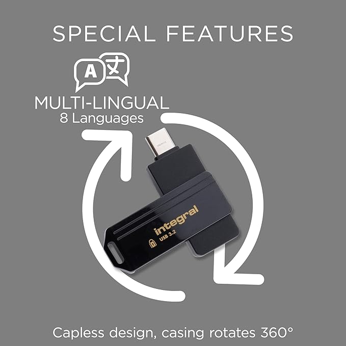 Integral Secure 360-C 32GB Software Encrypted USB Flash Drive - USB-C Connector - 256-bit AES encryption - Compatible with Mac, MacBook, PC, Laptop