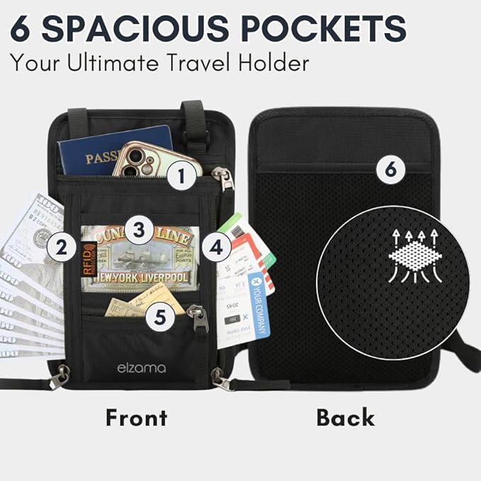 elzama Travel Neck Wallet, Neck Passport Holder, RFID Blocking Passport Wallet Super Slim & Lightweight Travel Pouch Holder for Men & Women (Black)