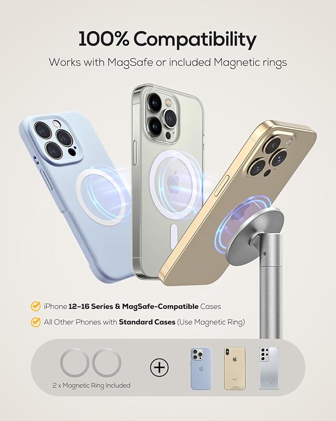 Nulaxy Magnetic Full Aluminum Phone Stand, 360 Rotating Cell Phone Stand for Desk with Metal Ring, Adjustable Phone Holder Compatible with Phone 17 16 15 14 13 Pro Max and MagSafe Case, Silver