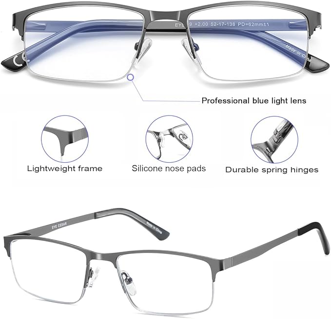 EYECEDAR 5 Pack Blue Light Blocking Reading Glasses for Men Eyeglasses Metal Half Frame Spring Hinges Readers for Men 2.25