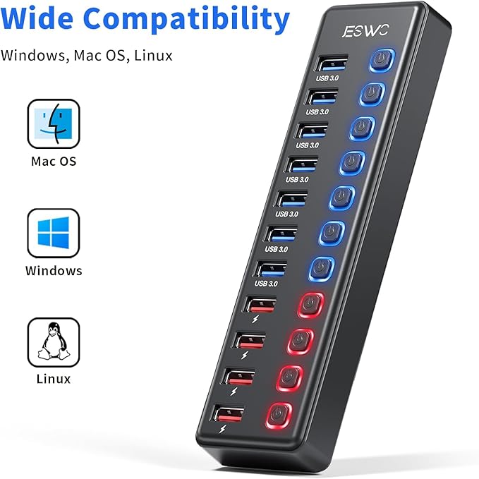 Powered USB Hub, JESWO 11-Port USB 3.0 Hub (7 Data Transfer Ports + 4 Smart Charging Ports) with Individual LED On/Off Switches, USB Hub Powered with 12V/3A Power Adapter for Mac, PC