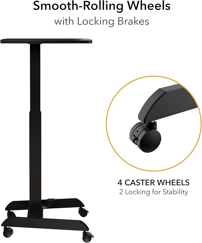 Mount-It! Rolling Laptop Desk Adjustable Height (29.6”-44.2”), Mobile Workstation Cart with 23.6” x 20.5” Desktop, Small Sit-Stand Desk for Home, Office, or Classroom in Black