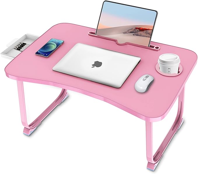 Fayquaze Portable Foldable Laptop Bed Table with Storage Drawer and Cup Holder, Laptop Desk Stand Tray for Eating, Reading and Working